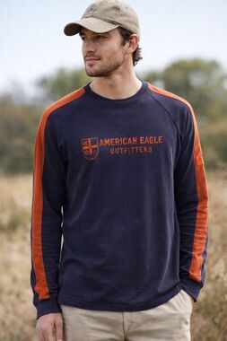 American Eagle Outfitters Shirt Mens Large Long Sleeve Navy Orange Logo Casual